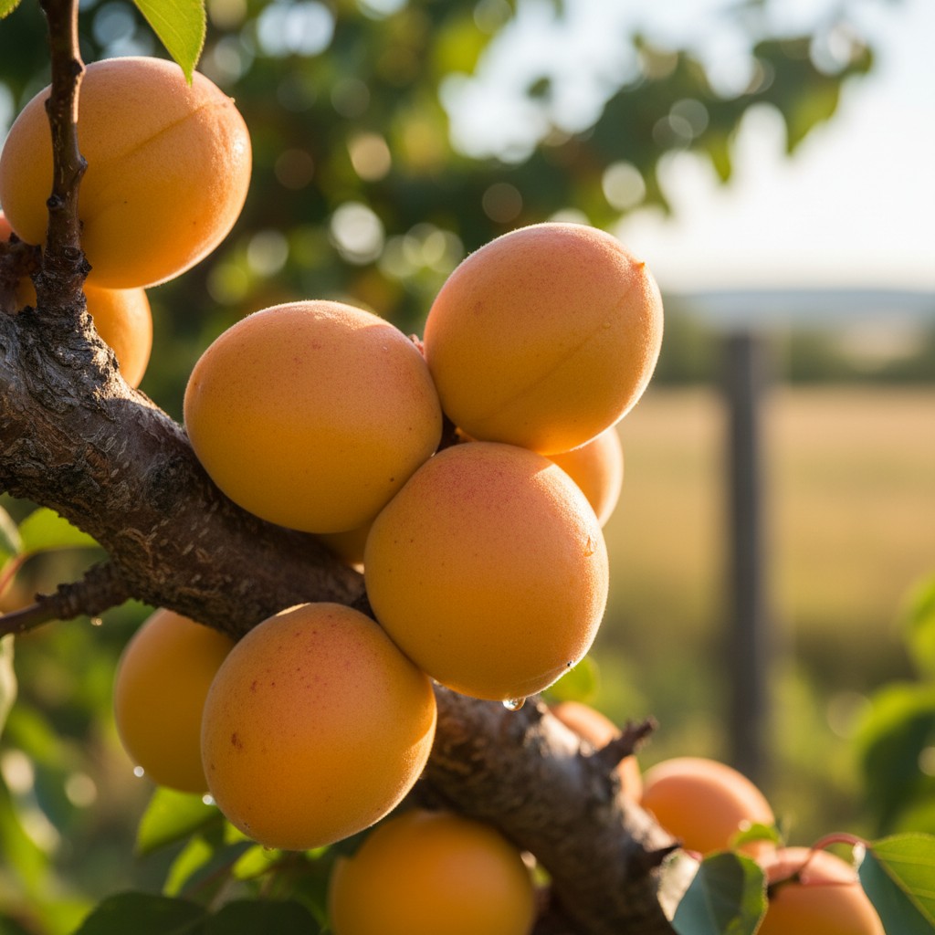 Ripe golden apricots clustered on a branch in warm sunlight