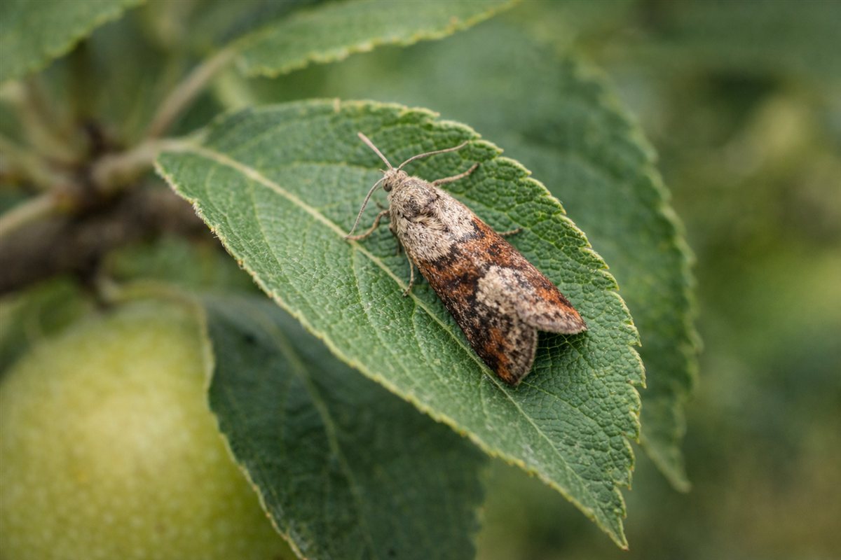 Close-up of a codling moth on an apple tree leaf