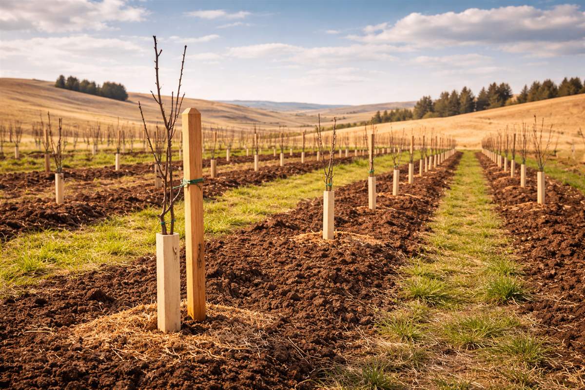 Young fruit trees freshly planted in tilled rows on a farm