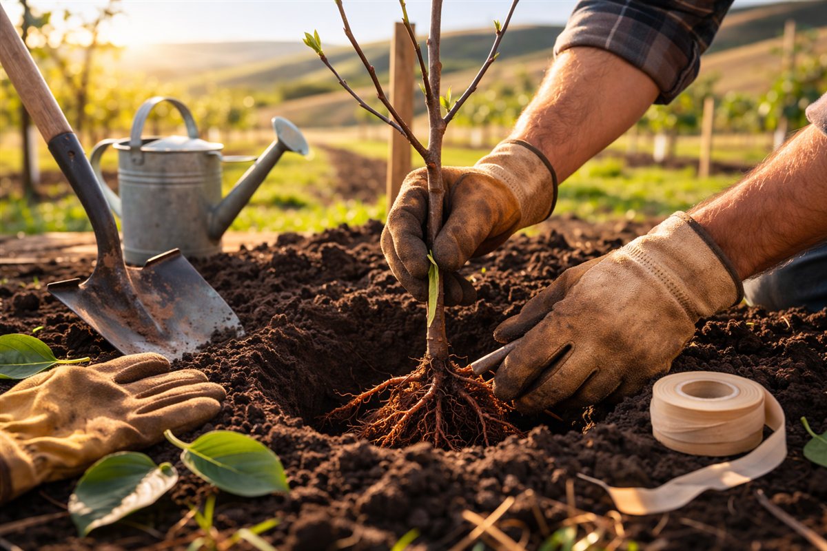 Close-up of a whip-and-tongue graft on a young apple tree branch