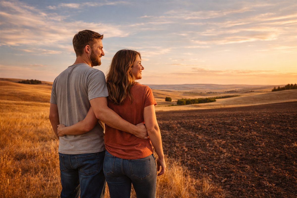 The Nadeau family on their farmland with rolling Palouse hills behind them